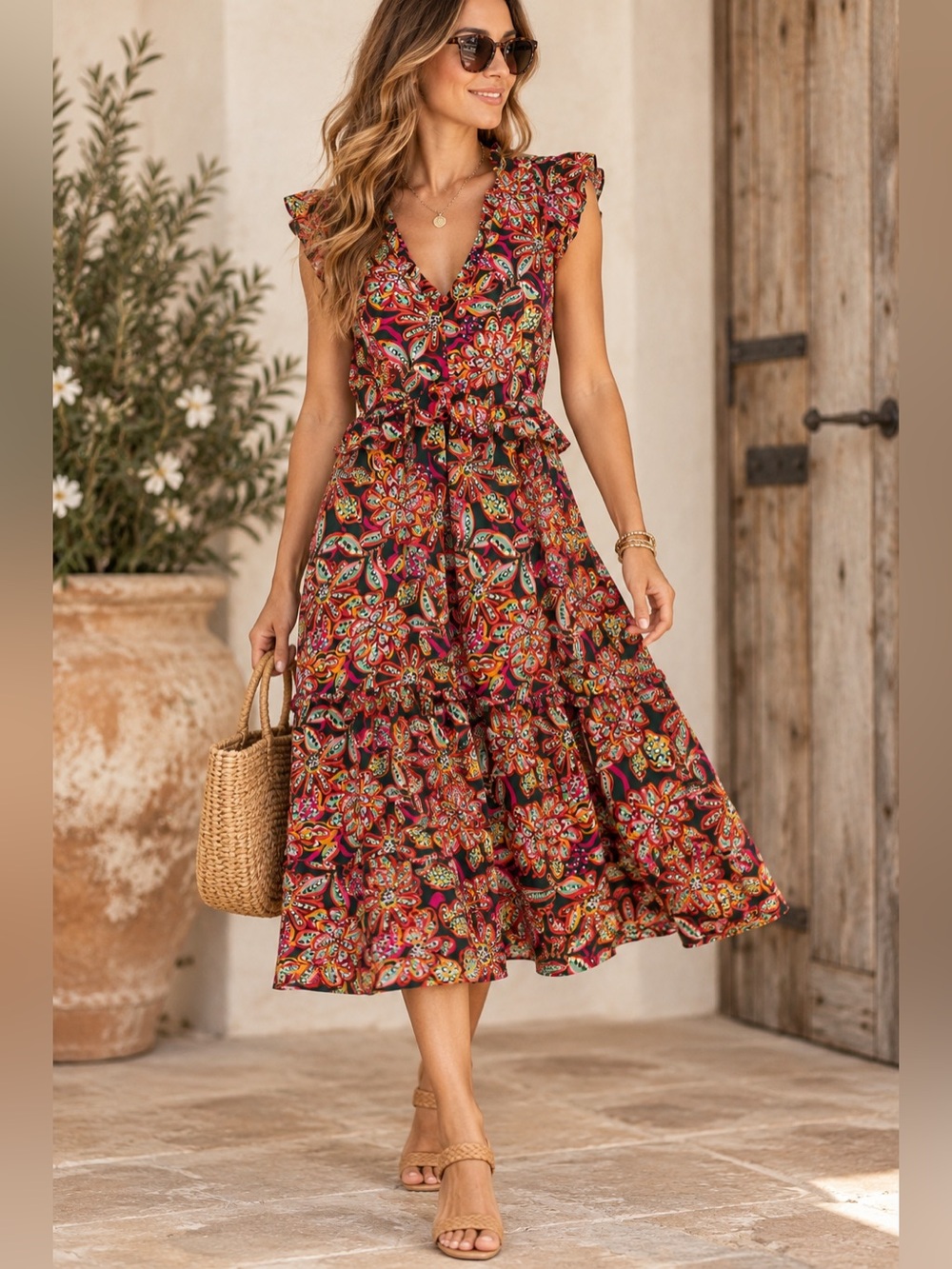 J.Crew Size 8 Floral Ruffle V-Neck Tiered Dress Multicolor